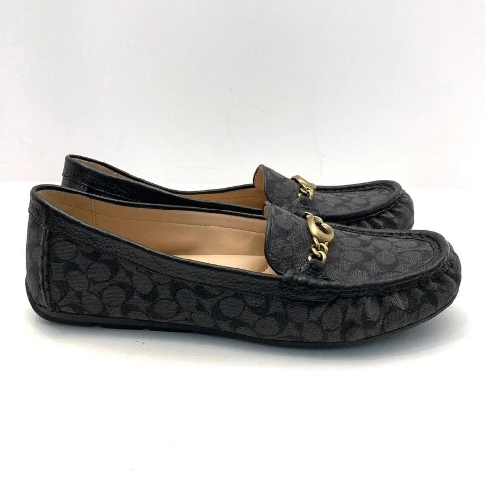 Coach Signature Loafer Black Logo Moc Toe Chain C Detail Womens 8.5 B EU 39